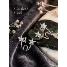 Stainless Steel Pirinç Gümüş Renk Zirkon Taşlı Çiçek Model Kadın Küpe
