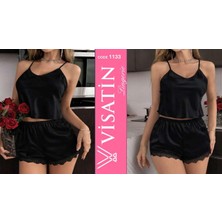 Visatin Kadın Siyah Saten Şortlu Pijama Takımı - Dantel Detaylı Ip Askılı Gecelik Takımı 1133