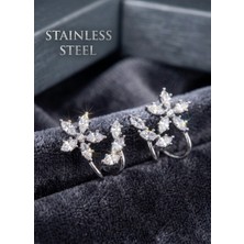 Stainless Steel Pirinç Gümüş Renk Zirkon Taşlı Çiçek Model Küpe