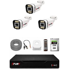 Fury 3 Kameralı 5mp Lens 1080P 6 Warm LED Renkli Gece Görüşlü Güvenlik Kamera Sistemi 250GB 1606