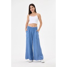Della Moor Mavi Kadın Italyan %100 Keten Beli Lastikli Bol Paça Palazzo Pantolon 38 - 42 Beden