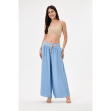 Della Moor Jeans Kadın Italyan %100 Keten Ip Kemerli Beli Lastikli Bol Paça Palazzo Pantolon 38 - 42 Beden