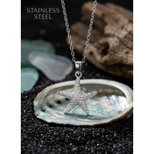 Stainless Steel 316L Çelik Zincir Gümüş Renk Deniz Yıldızı Model Zirkon Taşlı Çelik Kolye