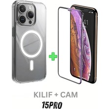 PSGT Set iPhone 15 Pro Kılıf Magsafe Wireless Kablosuz Şarj Destekli Sert Şeffaf Darbe Emici Kapak+Anticam