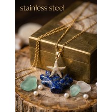 Stainless Steel 316L Çelik Zincir Gold Renk Deniz Yıldızı Model Zirkon Taşlı Çelik Kolye