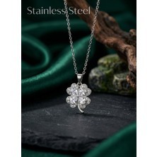 Stainless Steel 316L Çelik Zincir Gümüş Renk 4 Yapraklı Yonca Model Çelik Kolye