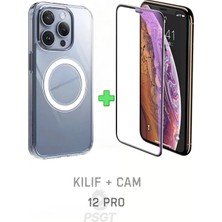 PSGT Set Iphone (12-12 Pro) Kılıf Magsafe Wireless Şarj Destekli Şeffaf Kapak Magnetic Crystal Case+Anticam