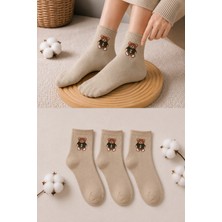 Ducks Socks Kadın Ayıcık Desenli Çorap Yumuşak Pamuklu 3’lü Paket Kısa Konç Günlük Çorap