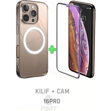 PSGT Set Iphone 16 Pro Uyumlu Kılıf Magsafe Wireless Kablosuz Şarj Destekli Sert Şeffaf+Anticam