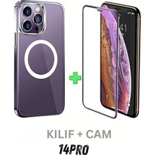 PSGT Set Iphone 14 Pro Kılıf Magsafe Wireless Şarj Destekli Şeffaf Kapak Magnetic Crystal Case+Anticam
