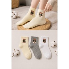 Ducks Socks Kadın Ayıcık Desenli Çorap Yumuşak Pamuklu 3’lü Paket Kısa Konç Günlük Çorap