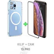 PSGT Set ( Iphone 13 Pro ) Kılıf Magsafe Wireless Şarj Destekli Şeffaf Kapak Magnetic Crystal Case+Anticam