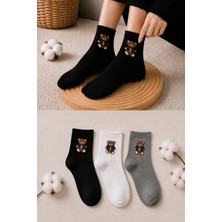 Ducks Socks Kadın Ayıcık Desenli Çorap Yumuşak Pamuklu 3’lü Paket Kısa Konç Günlük Çorap