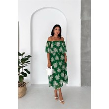 Neşeli Butik Kadın Yeşil Madonna Yaka Şifon Desenli Midi Boy Elbise NBK091