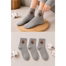 Ducks Socks Kadın Ayıcık Desenli Çorap Yumuşak Pamuklu 3’lü Paket Kısa Konç Günlük Çorap