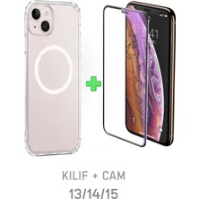 PSGT Set Iphone 13 - 14 -15 Kılıf Magsafe Wireless Şarj Destekli Şeffaf Kapak Magnetic Crystal Case+Anti Cam