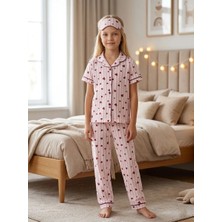 Enie Kız Çocuk Pamuklu Kalp Desenli Çizgili Yazlık Pijama Takımı + Göz Bandı