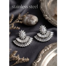 Stainless Steel Pirinç Gümüş Renk Zirkon Taşlı Yelpaze Model Küpe