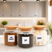 3'lü Ahşap Vakum Kapaklı Cam Türk Kahvesi Çay Şeker Saklama Kavanozu Seti 500 ml Etiket Hediyeli