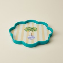 Evidea Kitchen Flower Camlı Tepsi - Mavı / Beyaz - 28 cm