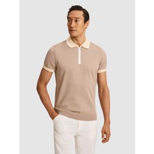 Cacharel Erkek Vizon Slim Fit Fermuarlı Polo Yaka Saf Pamuk Triko T-Shirt 50321116-VR052