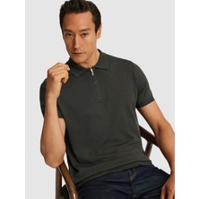 Cacharel Erkek Haki Slim Fit Fermuarlı Polo Yaka Triko T-Shirt 50328381-VR027