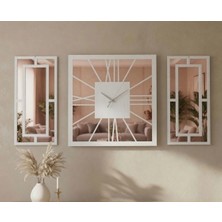 Ergeç Tasarım Beyaz Rose Gold Pleksi Detaylı Dekoratif Duvar Saati ve Panel Seti 3 Parça 50X50 cm Saat + 50X25 cm Paneller