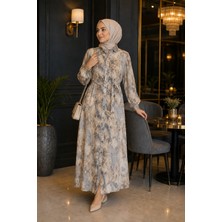 Esra Butik %100 Pamuklu Mango Kumaş Boydan Düğmeli Kuşaklı Tesettür Elbise 135 cm Desenli