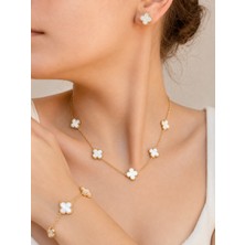Atalya Accessory Beyaz Sedef Taşlı Yonca Model Kadın Çelik Kolye Küpe Bileklik Seti - 3'lü Set Kararmaz
