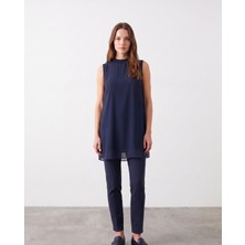 Bihan Store Klasik Kesim Şifon Detaylı Kolsuz Tunik - Y26-10270 - Lacivert