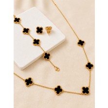 Atalya Accessory Siyah Sedef Taşlı Yonca Model Kadın Çelik Kolye Küpe Bileklik Seti - 3'lü Set Kararmaz