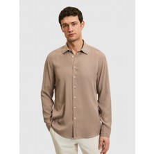 Cacharel Erkek Bej Regular Fit %100 Liyosel Yakası Alttan Biritli Gömlek 50325434-VR011