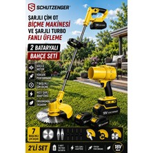 SCHUTZENGER 543RN 2 Akülü Şarjlı Turbo Fan Üfleme Makinesi ve Şarjlı Ot Çim Biçme Makinesi 7 Başlıklı Tırpan Set Sarı