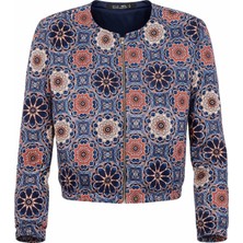 Ded Collection Kadın Bohem Renkli Mandala Desenli Fermuarlı Scuba Bomber Ceket