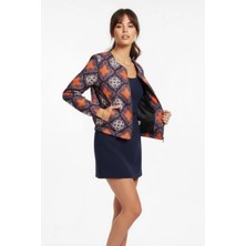Ded Collection Kadın Turuncu Lacivert Etnik Geometrik Desenli Scuba Kumaş Bomber Ceket