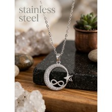 Stainless Steel 316L Çelik Zincir Gümüş Renk Zincir Zirkon Taşlı Ay Yıldız Model Sonsuzluk Detay Kolye