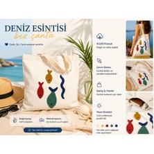 Lumindra Deniz Esintisi Balık Desenli Bez Omuz Çantası – Yazlık Tote Bag, Günlük Kullanım, Doğal Pamuk 43*39 cm