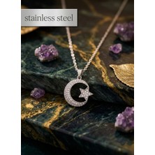Stainless Steel 316L Çelik Zincir Gümüş Renk Ay Yıldız Model Zirkon Taşlı Kolye