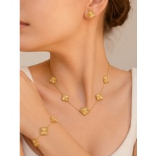 Atalya Accessory Gold Renk Yonca Model Kadın Çelik Kolye Küpe Bileklik Seti - 3'lü Set Kararmaz
