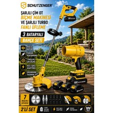 SCHUTZENGER 746RN 3 Akülü Şarjlı Turbo Fan Üfleme Makinesi ve Şarjlı Ot Çim Biçme Makinesi 7 Başlıklı Tırpan Set Sarı