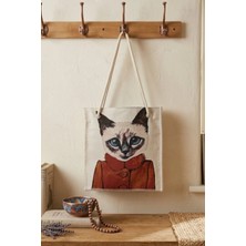 Laurus Home Dokuma Jakar Kumaş Omuz ve Plaj Çantası Çoban Dikişli Mavi Gözlü Kedi