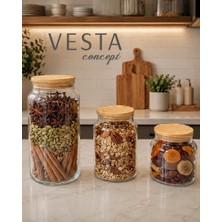 Vesta Concept Hava Geçirmez Doğal Bambu Kapaklı Cam Kavanoz Seti - Üçlü Çok Amaçlı Kavanoz Seti