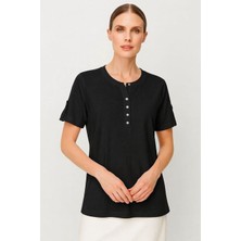Mutlu Ertan Butik Triko Patlı Kısa Kollu Kadın Bluz 30397-SIYAH
