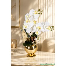 Yapay Çiçek Sitesi Metal Altın Küre Saksıda Orkide Tanzimi 43 cm Beyaz