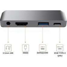 Type C Hub (4 Port), 85W Pd Type-C Port 4K 30HZ Veya 1080P 60HZ Hdmı, 1 Adet USB 3.0 Port Şarj ve Veri Transfer, 3.5mm Jak Kulaklık Ses Grişi, MacBook Pro/air/ipad/ Vb. Uyumlu