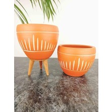 Ev Dekorasyon Dik Çizgi Desenli Terrakota Toprak Saksı Saksılık Salon Çiçeklik Ikili Set Ayaksız - 3 Ayaklı- 15 cm