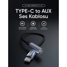 S-Link Armor Fc-01 15Cm Type-C To F Aux Örgülü Metal Başlıklı Siyah Ses Kablosu