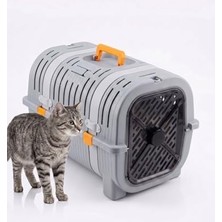 Kedi Taşıma Çantası Plastik Kafes Kilitlenebilir Kapaklı Havalı Taşıma Kabı Kedi Köpek Taşıma Box Güvenli Pet Taşıma Kafesi Seyahat Çantası (Gri-Turuncu)