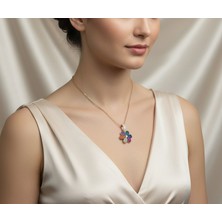 lpsankara Renkli Taşlarla Süslü Çiçek Motif Gümüş Kolye