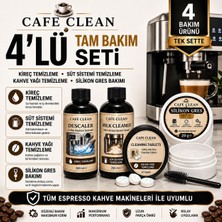 Cafe Clean Espresso Kahve Makinesi 4’lü Tam Bakım Seti | Kireç Temizleyici, Süt Sistemi Temizleyici, Kahve Yağı Temizleme Tabletleri ve Nsf H1 Silikon Gres